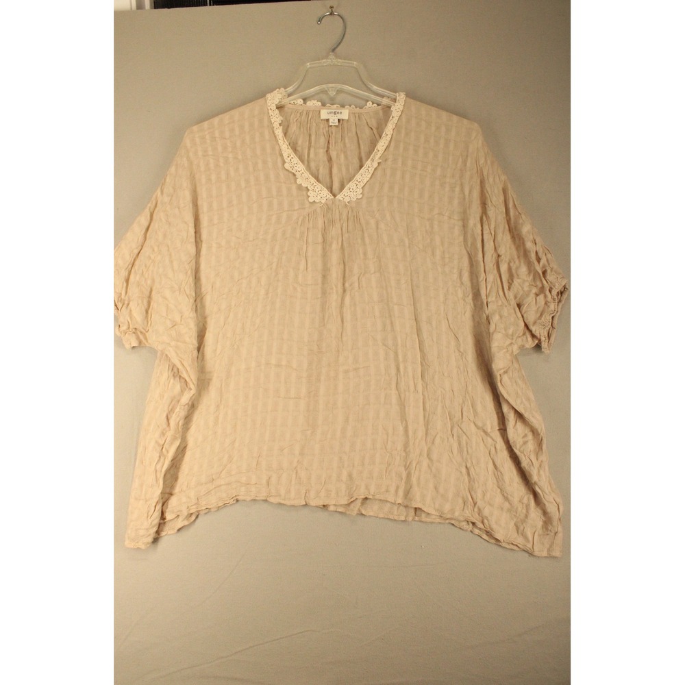 Umgee Blouse C3200 Womens Medium Beige Cotton Blend Lace Trim Boho Minimalist